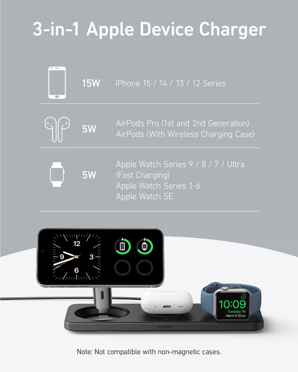 Noir Anker MagGo Wireless Charging Station (3-in-1 Pad) - OLA-9667949