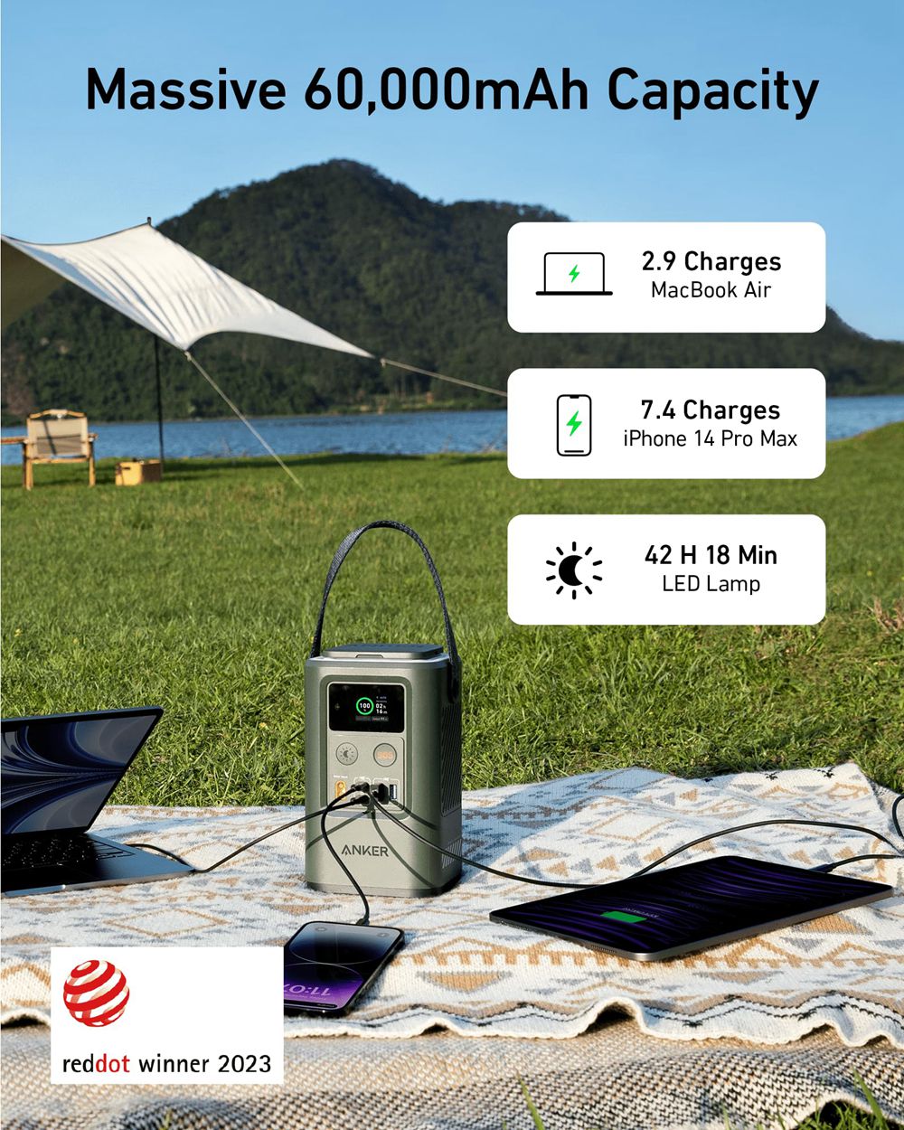 Vert Anker 548 Power Bank - The Ultimate Camping Power Bank with USB-C and 60000mAh Capacity - CES-8600455