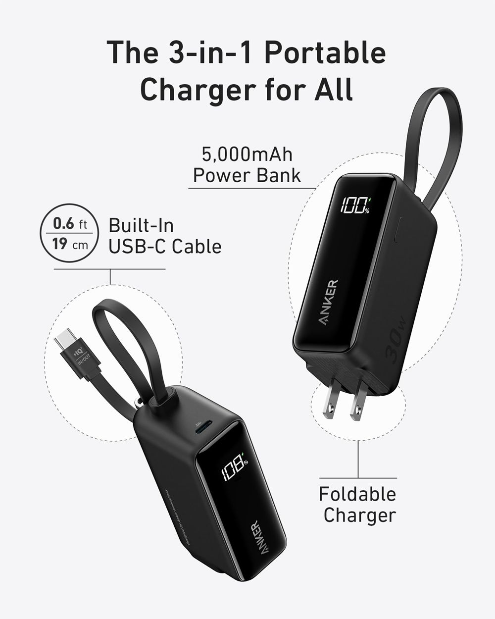 Noir Anker 3-in-1 Power Bank (30W Fusion Built-In USB-C Cable) - SHQ-7711729