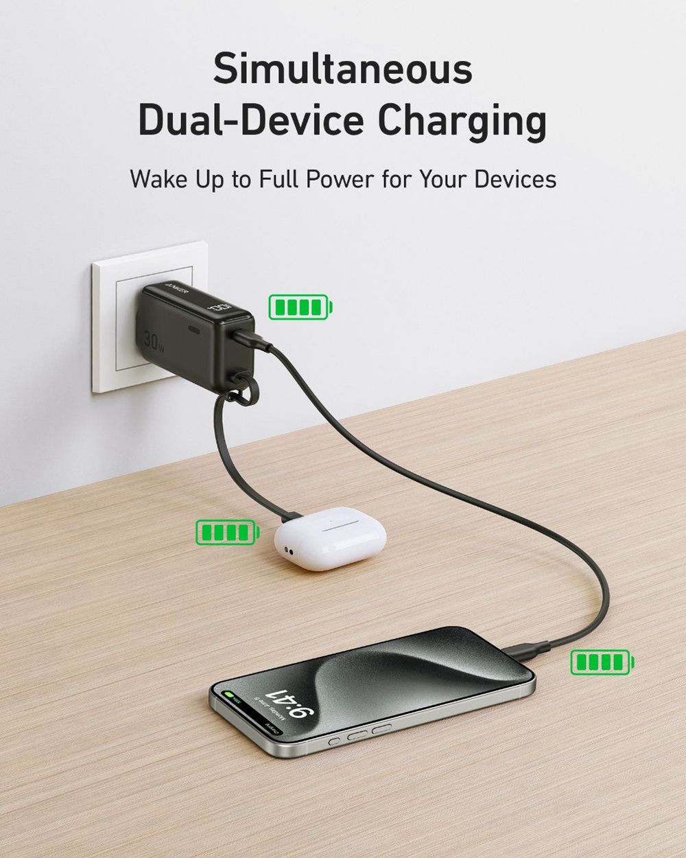 Bleu Anker 3-in-1 Power Bank (30W Fusion Built-In USB-C Cable) - DUC-3891505