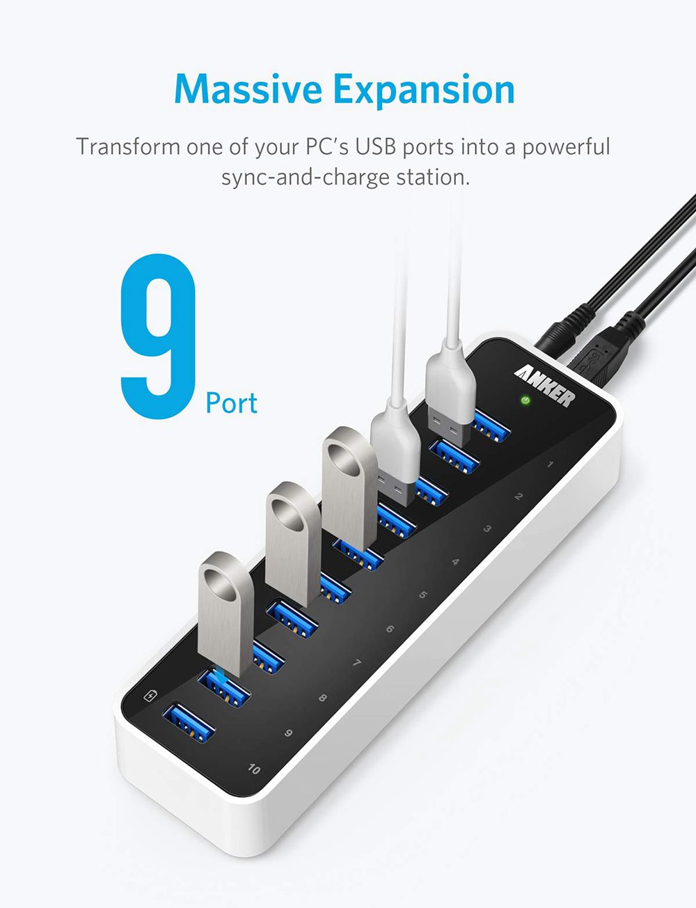 Noir Anker USB 3.0 SuperSpeed 10-Port Hub - PIE-4251737