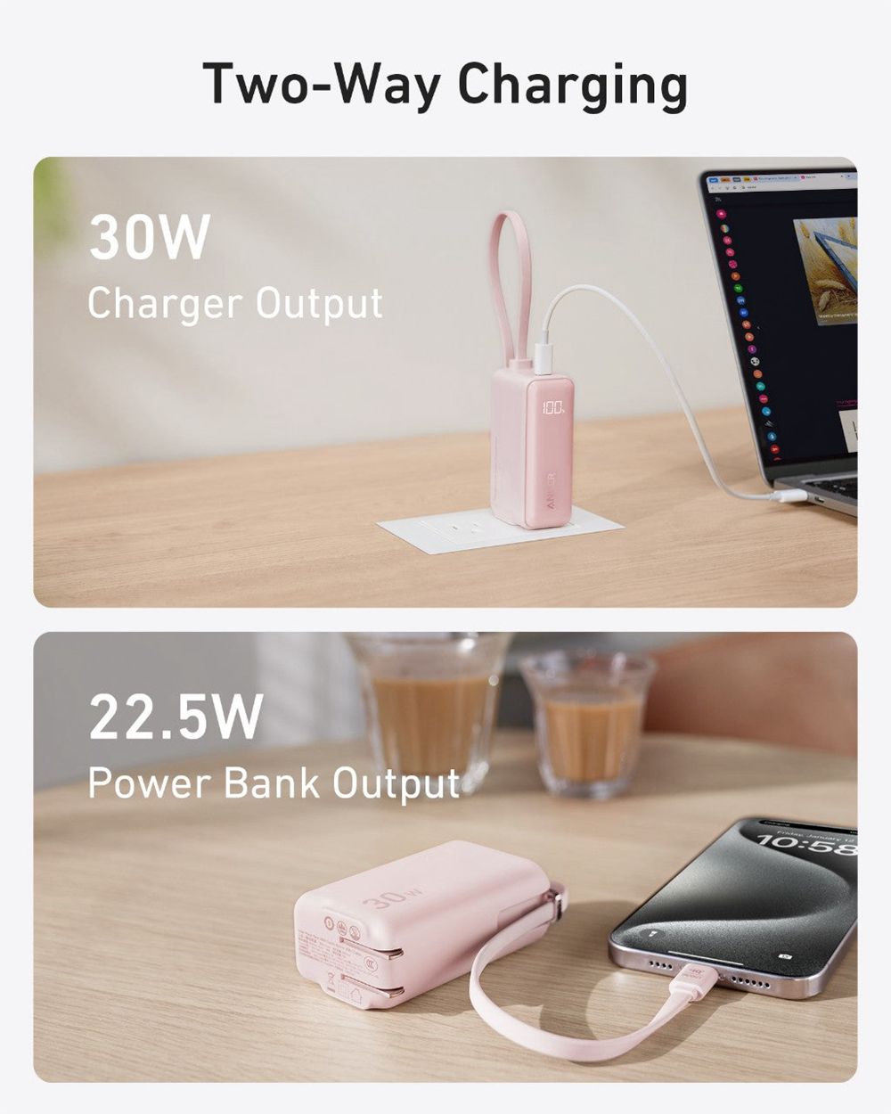 Blanche Anker 3-in-1 Power Bank (30W Fusion Built-In USB-C Cable) - LKF-3127603