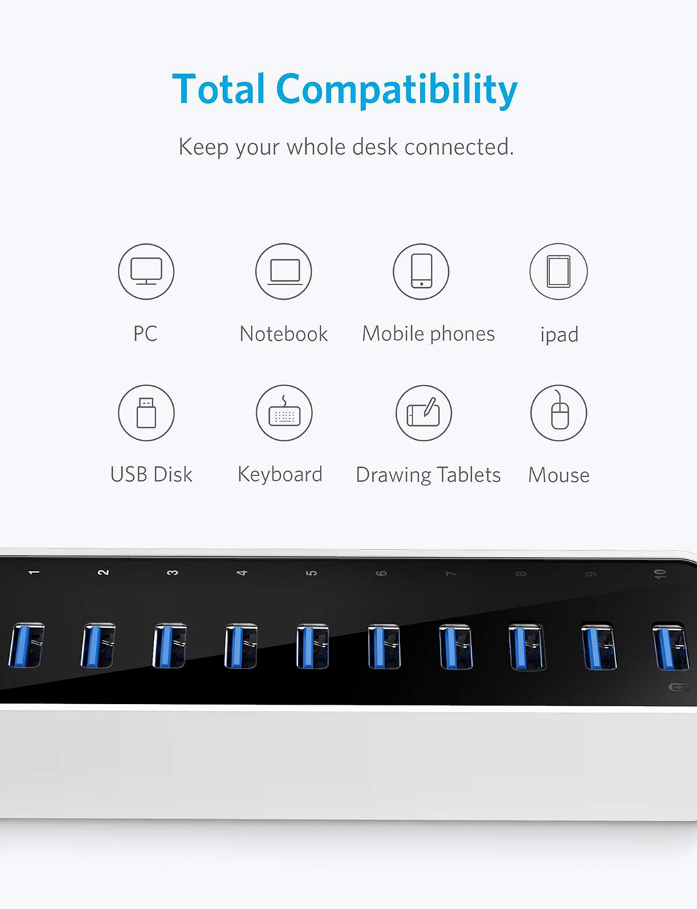 Noir Anker USB 3.0 SuperSpeed 10-Port Hub - PIE-4251737