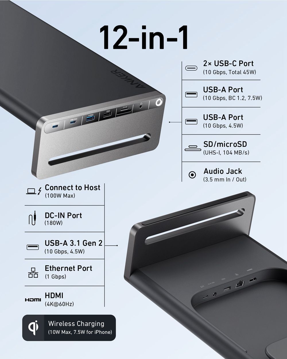 Noir Anker 675 USB-C Docking Station (12-in-1 Monitor Stand Wireless) - NCP-1066385