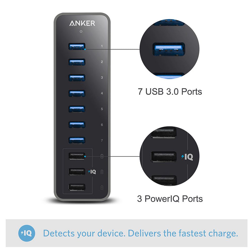 Noir Anker 60W 10-Port USB 3.0 Data Hub - JKM-7486881