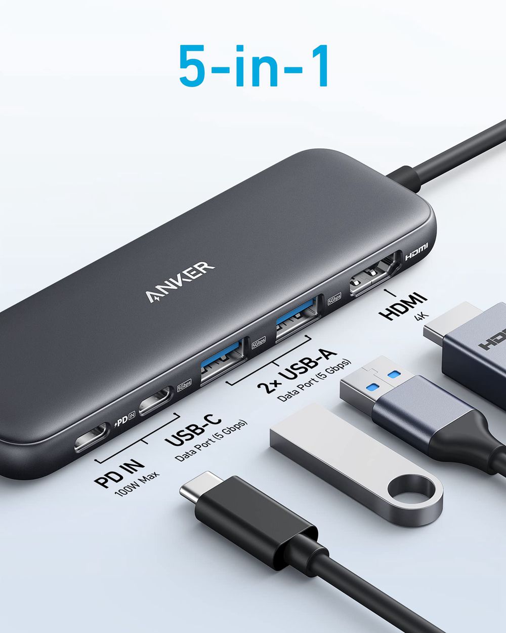 Noir Anker 332 USB-C Hub (5-in-1) - FTH-7408058