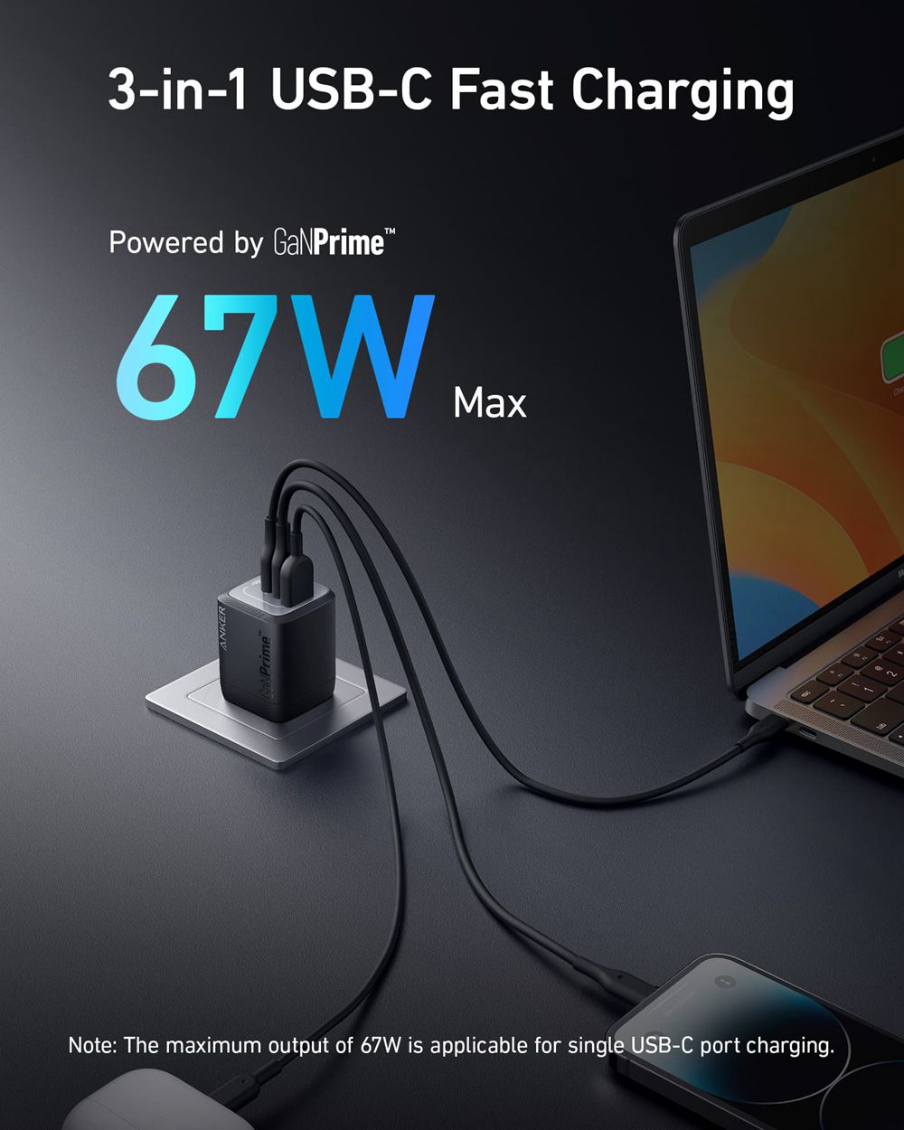 Noir Anker Prime 67W GaN Wall Charger (3 Ports) - UHX-9612998