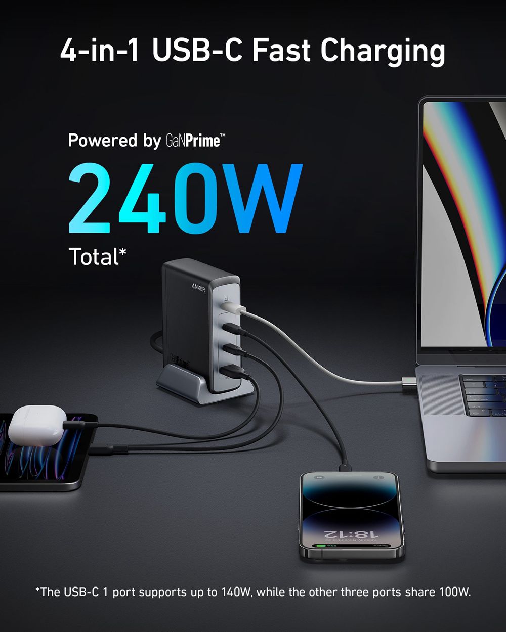 Noir Anker Prime 240W GaN Desktop Charger (4 Ports) - WYU-1468310