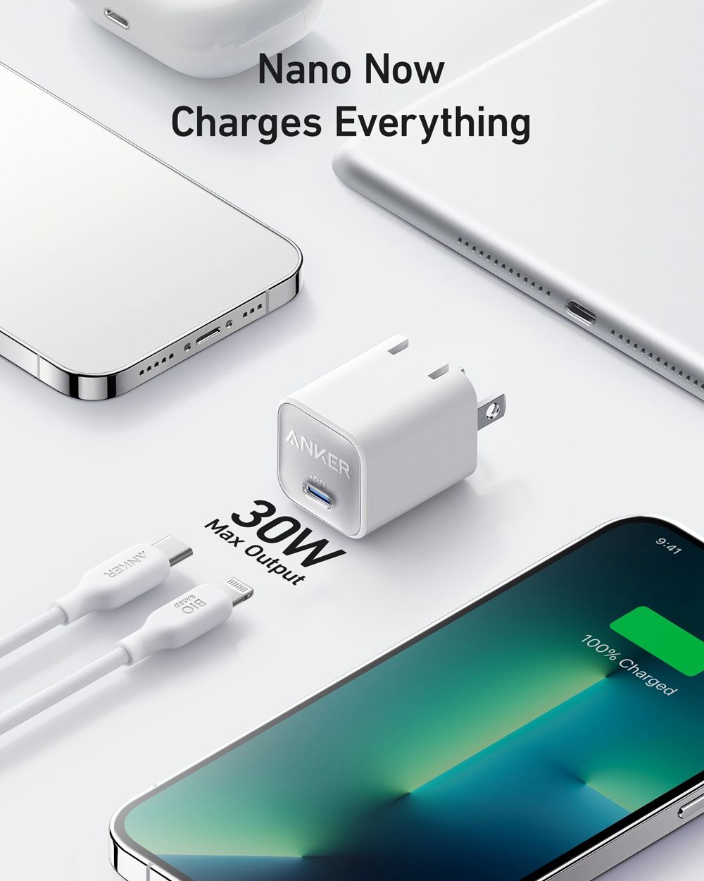 Blanche Anker 511 Charger (Nano 3 30W) with 6 ft USB-C to Lightning Cable - OWP-4802414