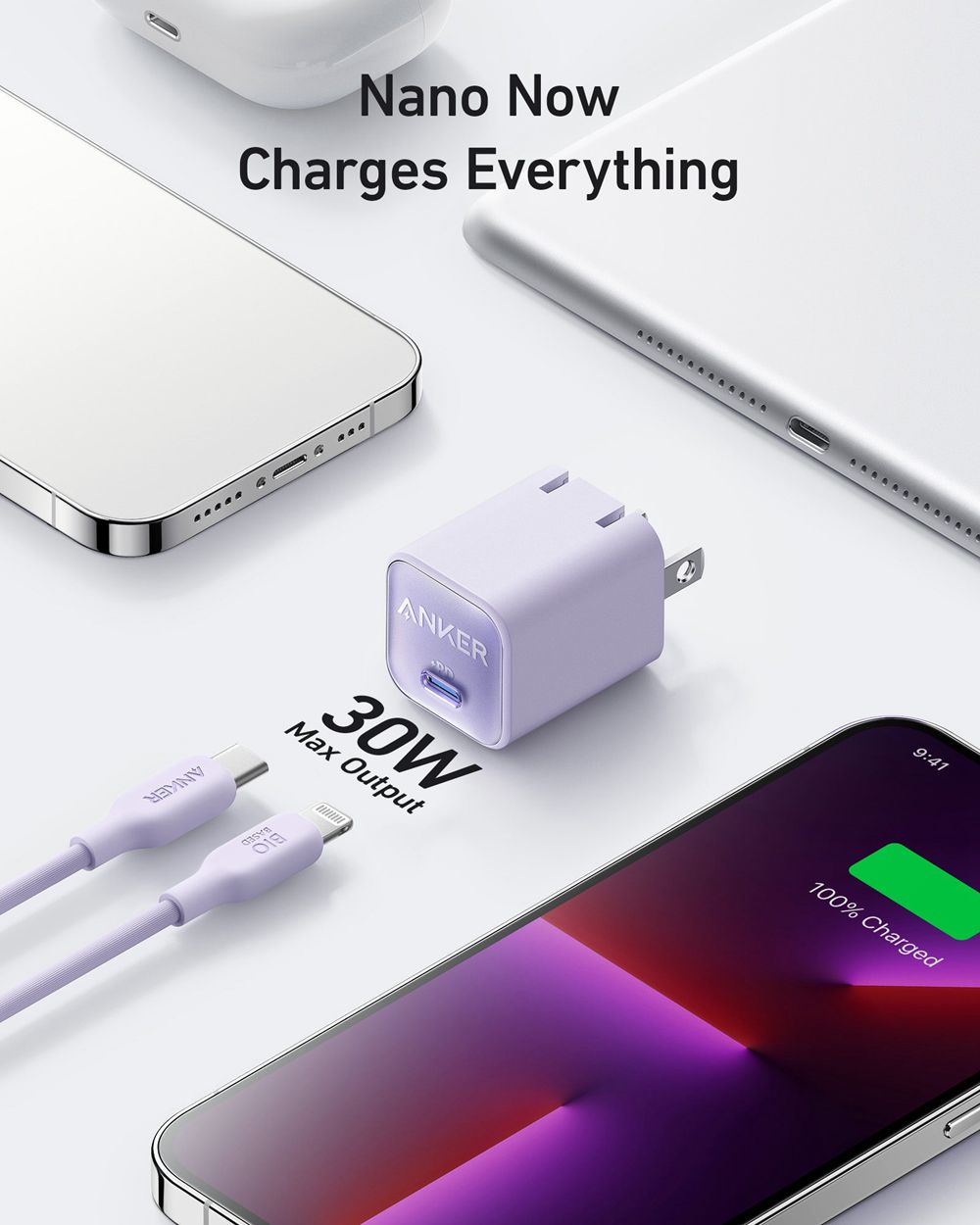 Violette Anker 511 Charger (Nano 3 30W) with 6 ft USB-C to Lightning Cable - VTF-8126751