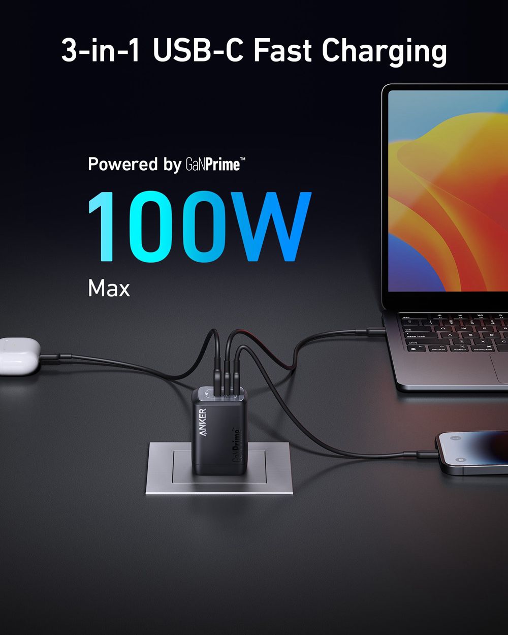 Noir Anker Prime 100W GaN Wall Charger (3 Ports) - ZQY-4628194