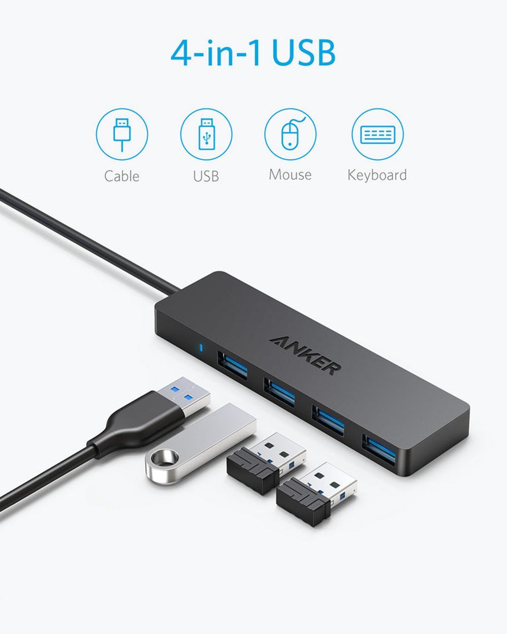 Noir Anker Ultra Slim 4-Port USB 3.0 Data Hub - BYO-8278427