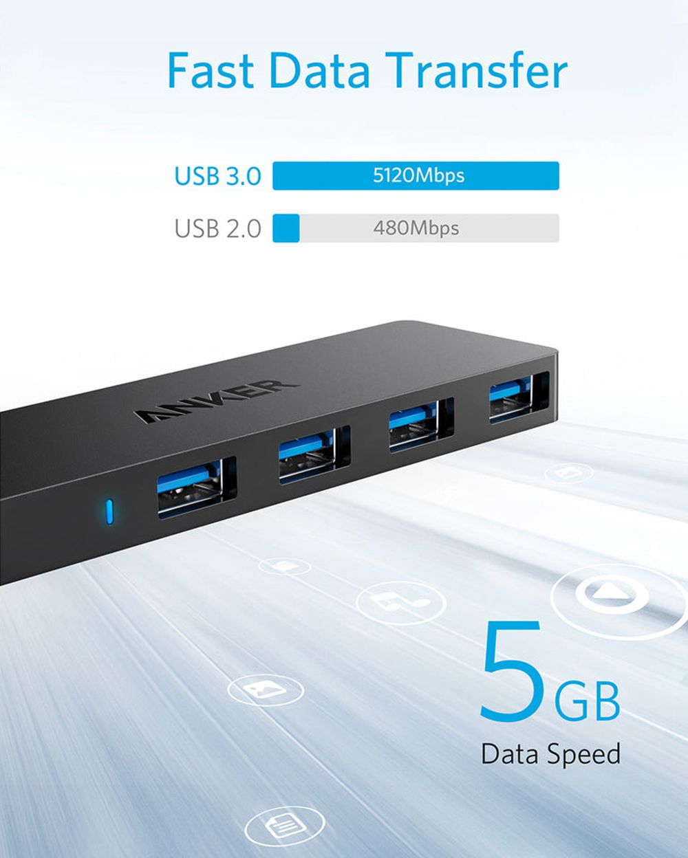 Noir Anker Ultra Slim 4-Port USB 3.0 Data Hub - BYO-8278427